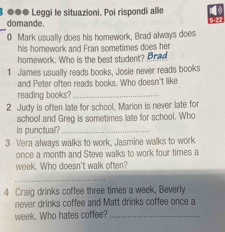 3 ●●● Leggi le situazioni. Poi rispondi alle 
domande. 
5-22 
0 Mark usually does his homework, Brad always does 
his homework and Fran sometimes does her 
homework. Who is the best student? Brad 
1 James usually reads books, Josie never reads books 
and Peter often reads books. Who doesn't like 
reading books?_ 
2 Judy is often late for school, Marion is never late for 
school and Greg is sometimes late for school. Who 
is punctual?_ 
3 Vera always walks to work, Jasmine walks to work 
once a month and Steve walks to work four times a 
week. Who doesn't walk often? 
_ 
4 Craig drinks coffee three times a week, Beverly 
never drinks coffee and Matt drinks coffee once a 
week. Who hates coffee?_