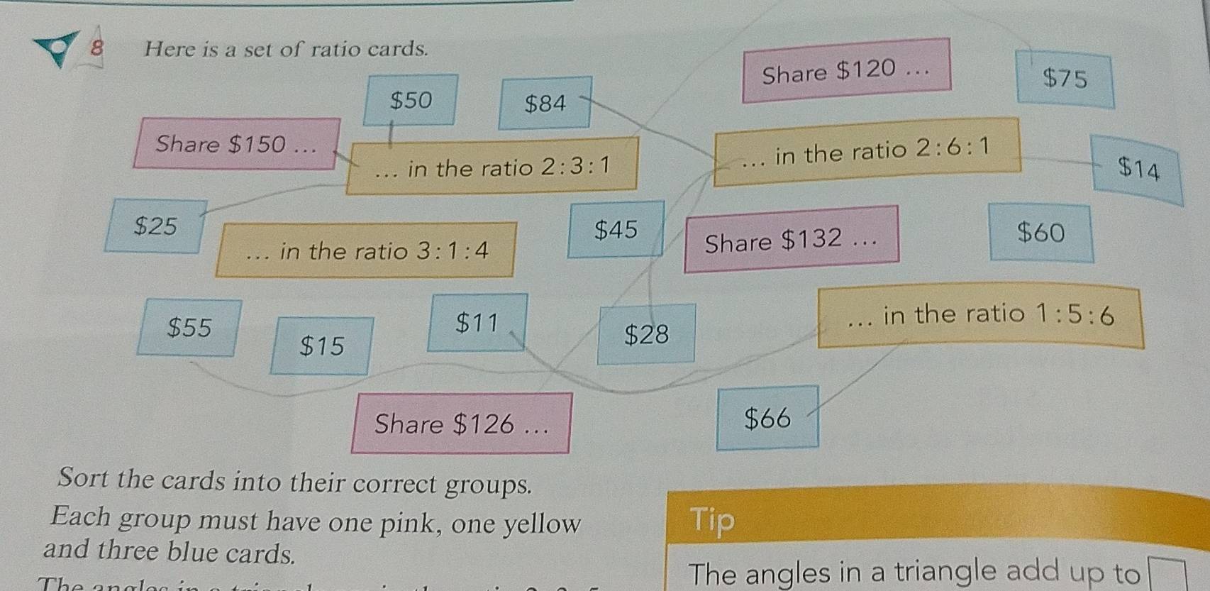 Here is a set of ratio cards. 
Share $120...
$75
$50 $84
Share $150... 2:6:1
_in the ratio 2:3:1 _in the ratio
$14
$25 $45 $60
_in the ratio 3:1:4
Share $132... 
in the ratio
$55 $11 _ 1:5:6
$15
$28
Share $126... $66
Sort the cards into their correct groups. 
Each group must have one pink, one yellow Tip 
and three blue cards. 
I 
The angles in a triangle add up to