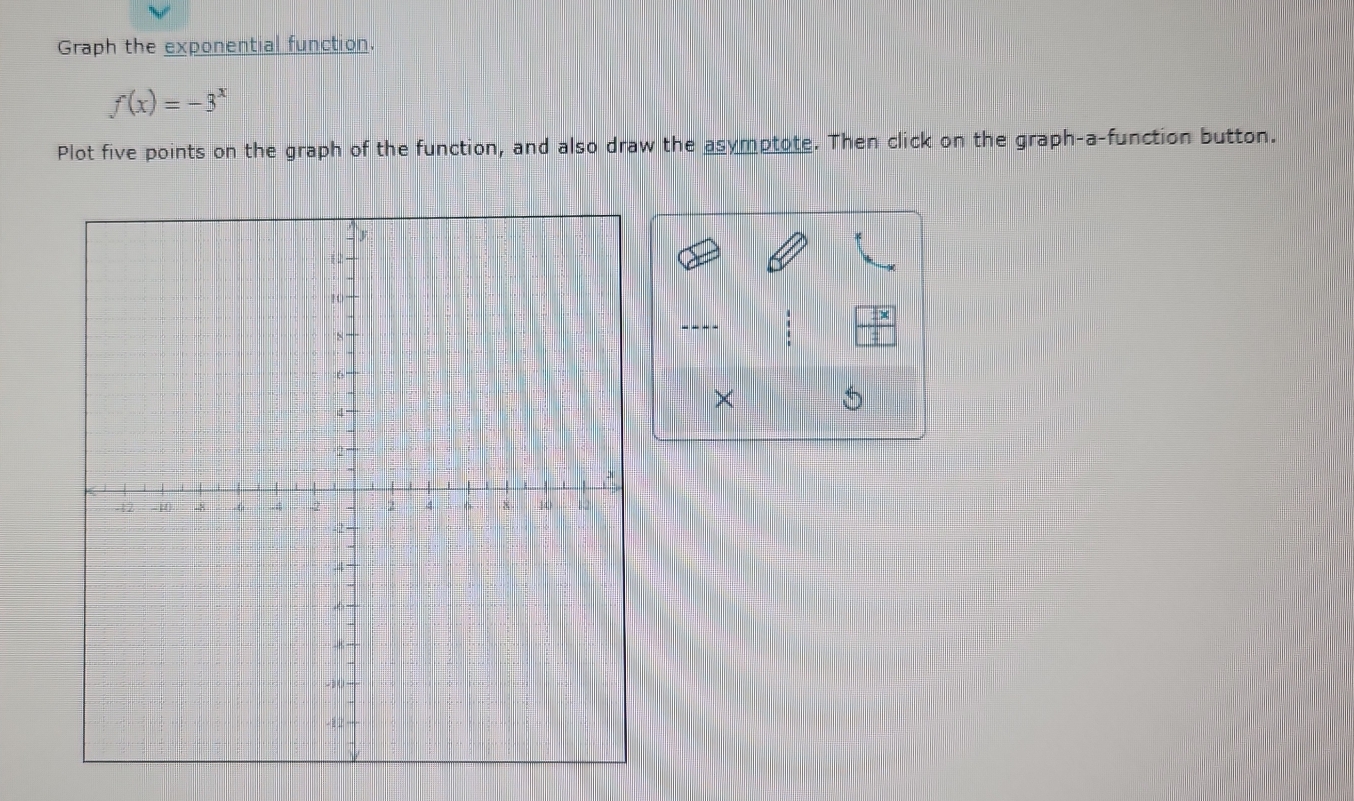 Graph the exponential function.
f(x)=-3^x
Plot five points on the graph of the function, and also draw the asymptote. Then click on the graph-a-function button. 
-- -- 
×
5