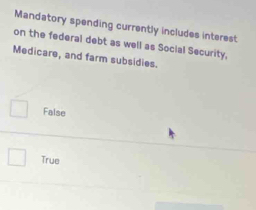 Mandatory spending currently includes interest
on the federal debt as well as Social Security,
Medicare, and farm subsidies.
False
True