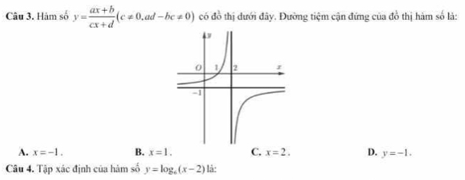 Hàm số y= (ax+b)/cx+d (c!= 0, ad-bc!= 0) có đồ thị đưới đây. Đường tiệm cận đứng của đồ thị hàm số là:
A. x=-1. B. x=1. C. x=2. D. y=-1. 
Câu 4. Tập xác định của hàm số y=log _6(x-2) là: