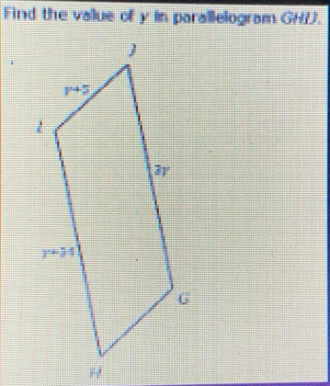 Find the vallue of y in parallelogram GHD.