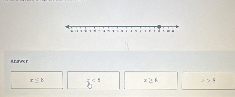 Answer
x≤ 8
x<8</tex>
x≥ 8
x>8