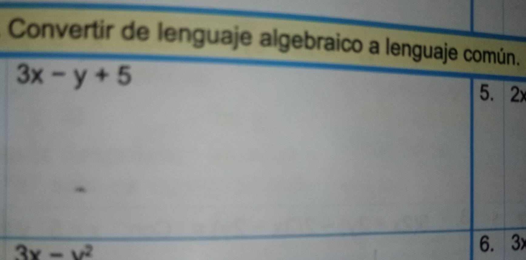 Convertir de lenguaje algebraico a lenguaje común.
3x-y+5
5. 2x
3x-y^2 6. 3x