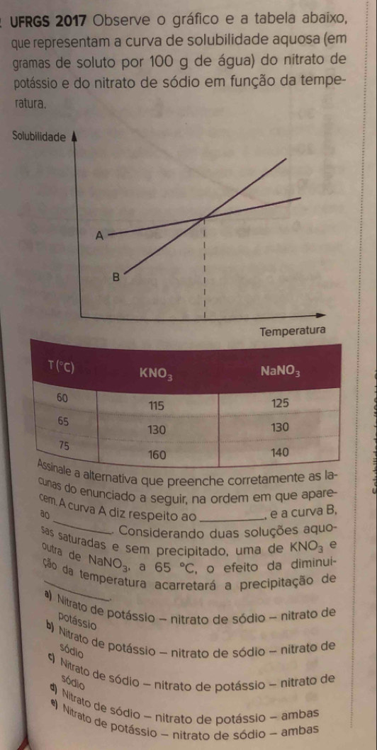 UFRGS 2017 Observe o gráfico e a tabela abaixo,
que representam a curva de solubilidade aquosa (em
gramas de soluto por 100 g de água) do nitrato de
potássio e do nitrato de sódio em função da tempe-
ratura.
Solubilidade
Te
natíva que preenche corretamente  
cunas do enunciado a seguir, na ordem em que apare
_
cem. A curva A diz respeito ao _, e a curva B,
ao
Considerando duas soluções aquo-
sãs saturadas e sem precipitado, uma de KNO_3 e
outra de N aNO_3 。 a 65°C , o efeito da diminui-
ção da temperatura acarretará a precipitação de
a) Nitrato de potássio - nitrato de sódio ~ nitrato de
potássio
b) Nitrato de potássio - nitrato de sódio - nitrato de
sódio
Nitrato de sódio - nitrato de potássio - nitrato de
sódio
) Nitrato de sódio - nitrato de potássio - ambas
) Nitrato de potássio - nitrato de sódio - ambas