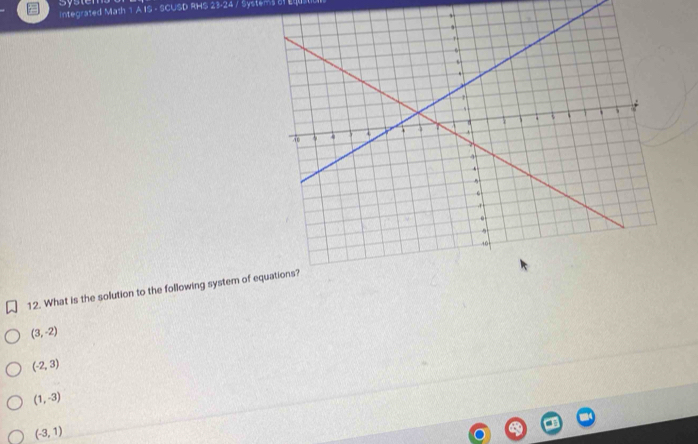 System
Integrated Math 1 A IS - SCUSD RHS 23-24 / Systems of Equitic
12. What is the solution to the following system of e
(3,-2)
(-2,3)
(1,-3)
(-3,1)