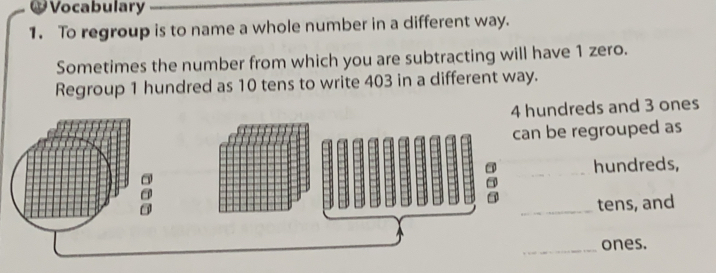 Vocabulary
1. To regroup is to name a whole number in a different way.
Sometimes the number from which you are subtracting will have 1 zero.
Regroup 1 hundred as 10 tens to write 403 in a different way.
4 hundreds and 3 ones
can be regrouped as
_hundreds,
_tens, and
_ones.