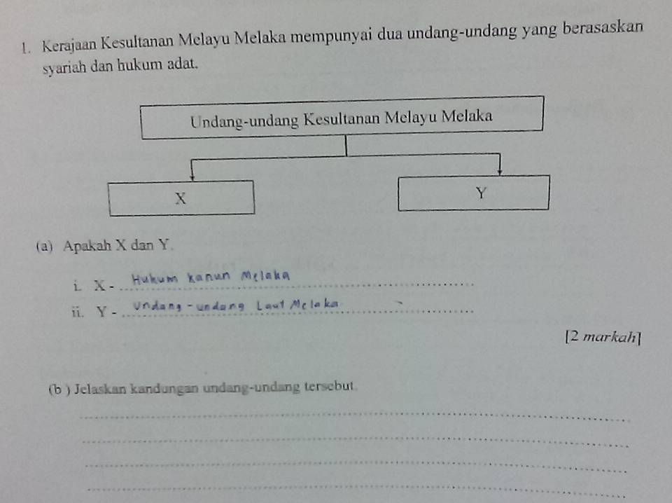 Kerajaan Kesultanan Melayu Melaka mempunyai dua undang-undang yang berasaskan 
syariah dan hukum adat. 
Undang-undang Kesultanan Melayu Melaka
X
Y
(a) Apakah X dan Y. 
i. X -_ 
ⅱ. Y -_ M c t a k²
[2 markah] 
(b ) Jelaskan kandungan undang-undang tersebut. 
_ 
_ 
_ 
_