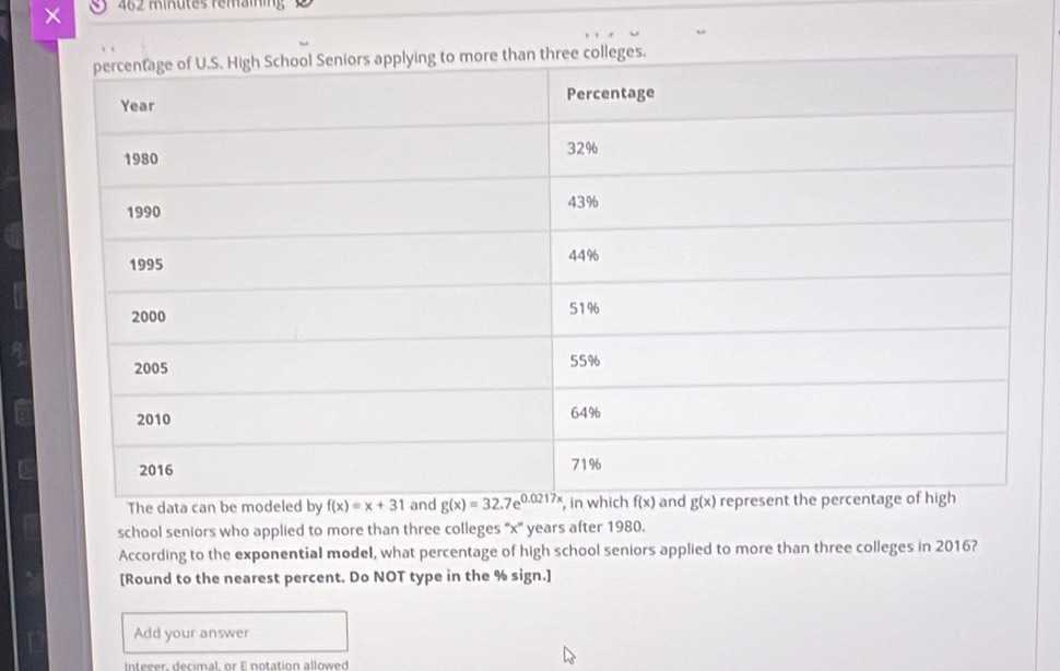 × 3  462 minutes remaînin
The data can be modeled by f(x)=x+31 an
school seniors who applied to more than three colleges ''x'' years after 1980.
According to the exponential model, what percentage of high school seniors applied to more than three colleges in 2016?
[Round to the nearest percent. Do NOT type in the % sign.]
Add your answer
Integer, decimal, or E notation allowed