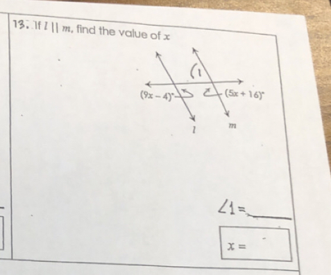 If l||m , find the value of x
∠ 1=
_
x=