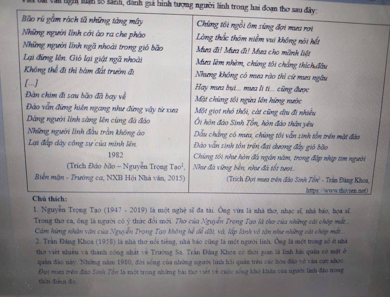 Vài vài ngh lận số sánh, đành giá hình tượng người lính trong hai đoạn thơ sau đây 
1. Nguyễn Trọng Tạo (1947 - 2019) là một nghệ sĩ đa tài. Ông vừa là nhà thơ, nhạc sĩ, nhà bảo, họa sĩ. 
Trong thơ ca, ông là người có ý thức đổi mới. Thơ của Nguyễn Trọng Tạo là thơ của những cái chớp mắt... 
Cảm hứng nhân văn của Nguyễn Trọng Tạo không hể để đãi, và, lấp lành vô tận như những cái chớp mắt... 
2. Trần Đăng Khoa (1958) là nhà thơ nổi tiếng, nhà bảo cũng là một người lĩnh. Ông là một trong số ít nhà 
thơ viết nhiều và thành công nhất về Trường Sa. Trần Đăng Khoa có thời gian là lĩnh hải quân có mặt ở 
quân đảo này. Những năm 1980, đời sống của những người lính hải quân trên các hòn đảo vô văn cực nhọc. 
Đọi mưa trên đảo Sinh Tổn là một trong những bài thơ viết về cuộc sống khỏ khăn của người lính đảo trong 
thời điểm đó.