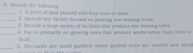 Solved: Identify the following: _1. A piece of land planted with fruit ...