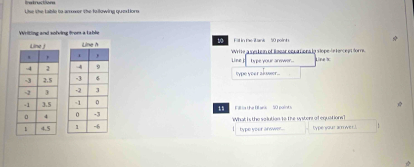 Instructions 
Use the table to answer the following questions 
Writing and solving from a table 
10 Fill in the Blank 10 points 
Write a system of linear equations in slope-intercept form. 
Line j : type your answer... Line h: 

type your akswer... 



11 Fill in the Blank 10 points 
What is the solution to the system of equations? 
type your answer... type your answer.. 
(