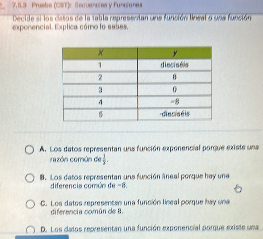 Prusba (CST): Secuencias y Funciones
Decide si los datos de la tabla representan una función lineal o una función
exponencial. Explica cómo lo sabes.
A. Los datos representan una función exponencial porque existe una
razón común de  1/2 ,
B. Los datos representan una función lineal porque hay una
diferencia común de −8.
C. Los datos representan una función lineal porque hay una
diferencia común de 8.
D. Los datos representan una función exponencial porque existe una