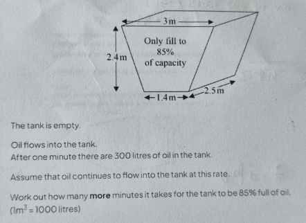 The tank is empty. 
Oil flows into the tank. 
After one minute there are 300 litres of oil in the tank. 
Assume that oil continues to flow into the tank at this rate. 
Work out how many more minutes it takes for the tank to be 85% full of oil.
(1m^3=1000litres)