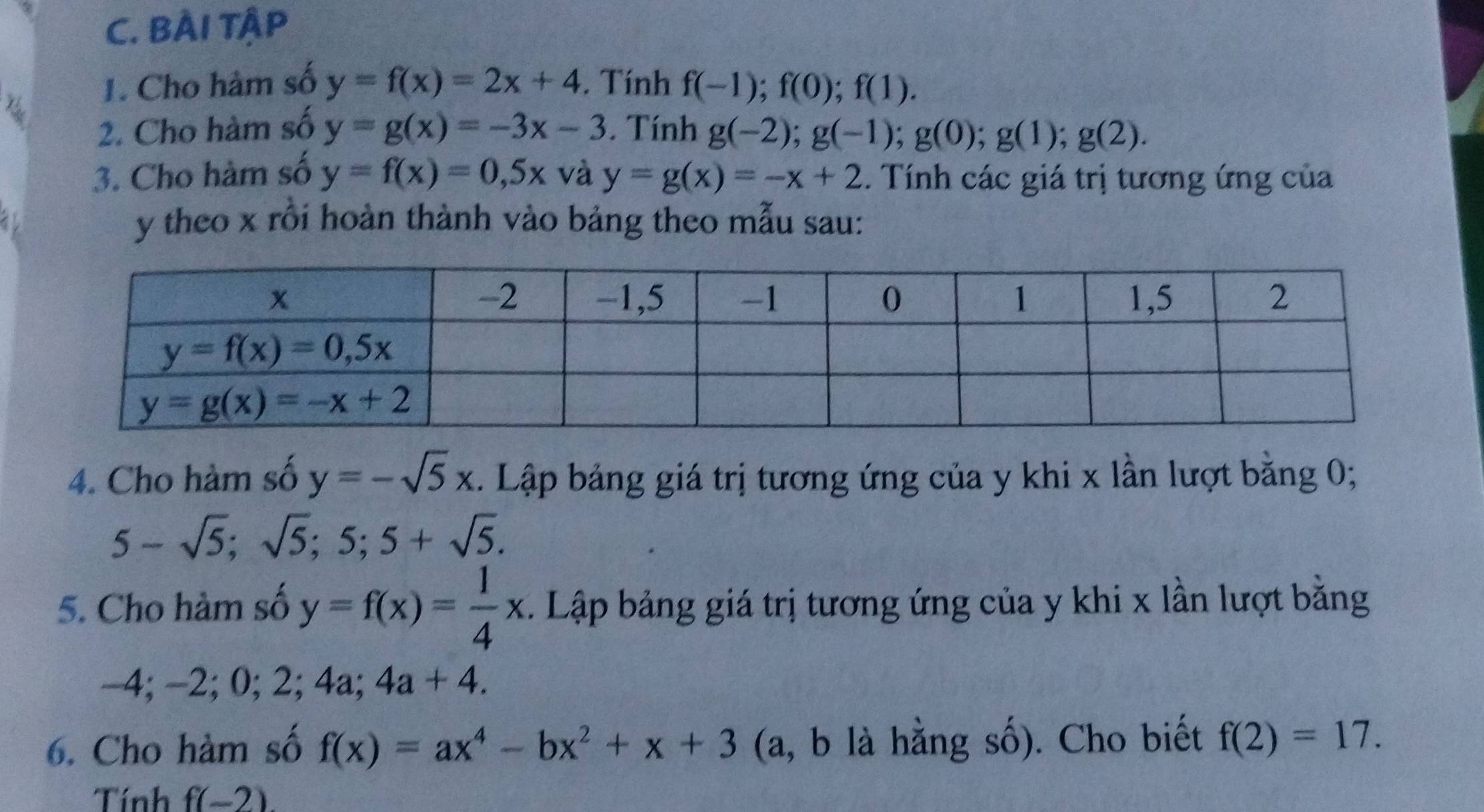 BÀI TÂP
1. Cho hàm số y=f(x)=2x+4. Tính f(-1);f(0);f(1).
Th
2. Cho hàm số y=g(x)=-3x-3. Tính g(-2);g(-1);g(0);g(1);g(2).
3. Cho hàm số y=f(x)=0,5x và y=g(x)=-x+2. Tính các giá trị tương ứng của
y theo x rồi hoàn thành vào bảng theo mẫu sau:
4. Cho hàm số y=-sqrt(5)x. Lập bảng giá trị tương ứng của y khi x lần lượt bằng 0;
5-sqrt(5);sqrt(5);5;5+sqrt(5).
5. Cho hàm số y=f(x)= 1/4 x 1. Lập bảng giá trị tương ứng của y khi x lần lượt bằng
−4; −2; 0; 2; 4 a;4a+4.
6. Cho hàm số f(x)=ax^4-bx^2+x+3 (a, b là hằng số). Cho biết f(2)=17.
Tính f(-2)