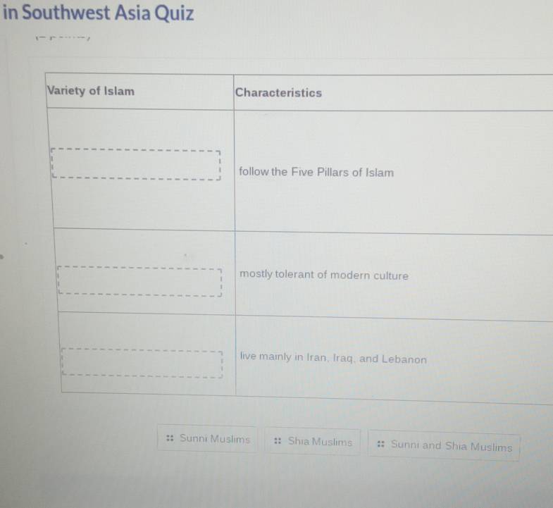 in Southwest Asia Quiz 
Sunni Muslims Shia Muslims Sunni and Shia Muslims