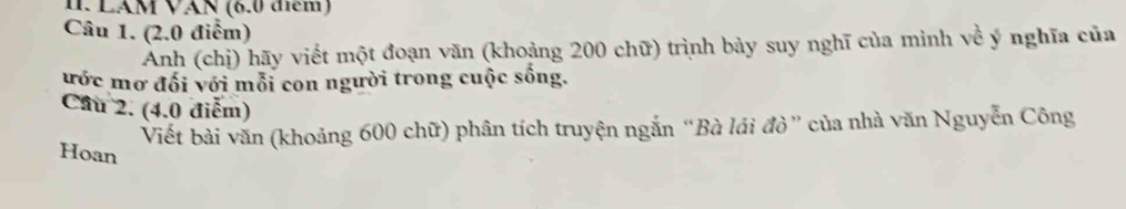 LãM VãN (6.0 đm) 
Câu 1. (2.0 điểm) 
Anh (chị) hãy viết một đoạn văn (khoảng 200 chữ) trình bày suy nghĩ của minh về ý nghĩa của 
ước mơ đối với mỗi con người trong cuộc sống. 
Câu 2. (4.0 điễm) 
Viết bài văn (khoảng 600 chữ) phân tích truyện ngắn “Bà lái đò” của nhà văn Nguyễn Công 
Hoan