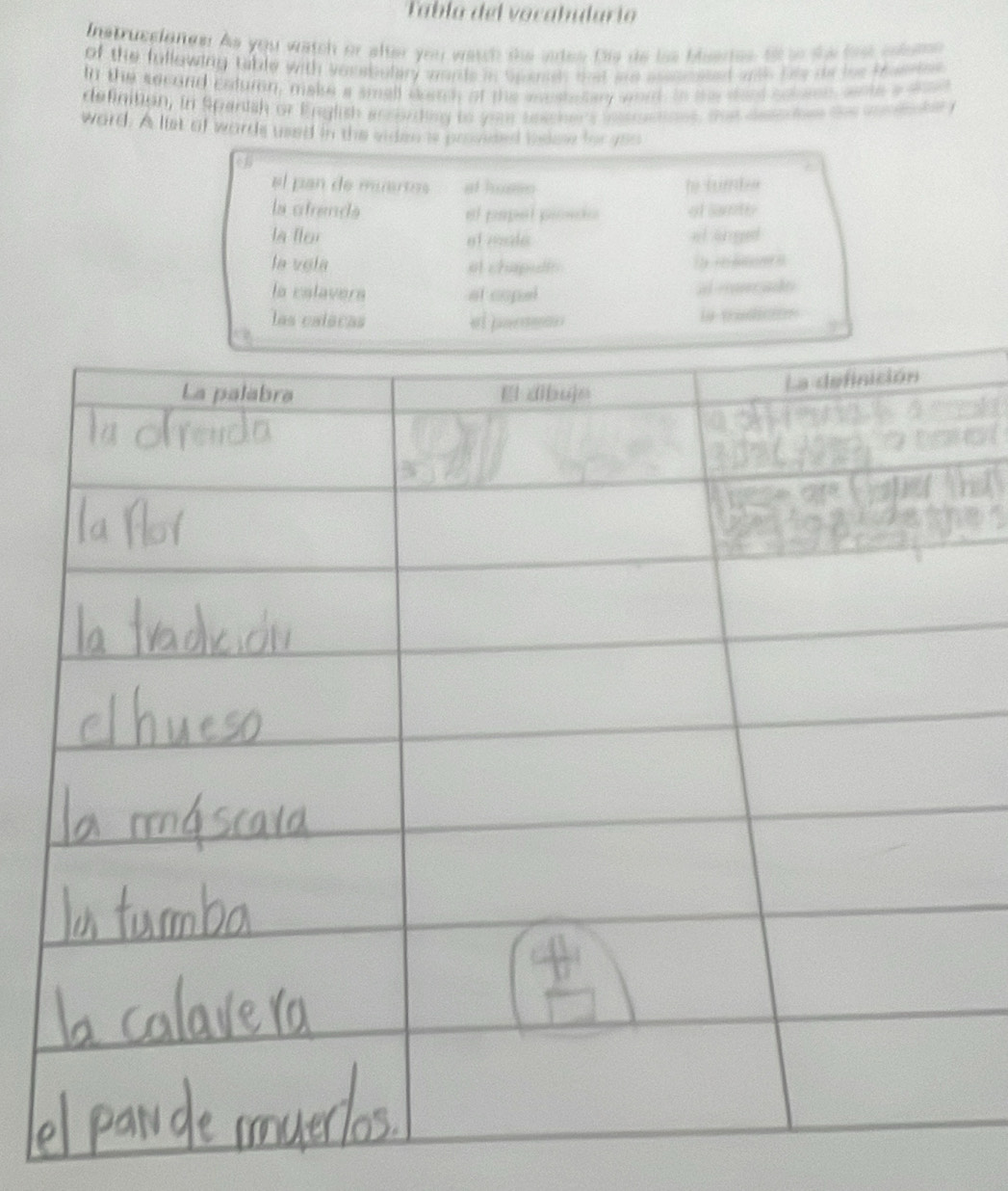 Tabla del vocabudario 
Instrucelanes: As you watch or alter you watch the indes Die de lss blseres f so se has colume 
of the fullowing tible with vacebulary words in Spenies tat are asssossed with liis de les Mueetes 
In the second caturn, make a small wench of the mustalary word. In the saod colomn, wote a sad 
definition, in Sparish or English asconding to your tescher's insscctions, the detoctes the sondater y 
ward. A list of words use