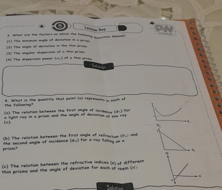 Lesson tive 
3. What are the factors on which the following quantities depend? 
1 The minimum angle of deviation in a prism. 
(2) The angle of deviation in the thim prism. 
(3) The angular dispersion of a thin prism 
(4) The dispersion power ( ab_n ) of a thin prism 
Solation 
4. What is the quantity that point (a) represents in each of 
the following? 
(a) The relation between the first angle of incidence (phi _1) for 
a light ray in a prism and the angle of deviation of the ray 
(a).
Phi _2
(b) The relation between the first angle of refraction (θ _1) and 
the second angle of incidence (phi _2) for a ray falling on 
prism?
B_1
α 
(c) The relation between the refractive indices (n) of different 
thin prisms and the angle of deviation for each of them (u). 
n 
Solution