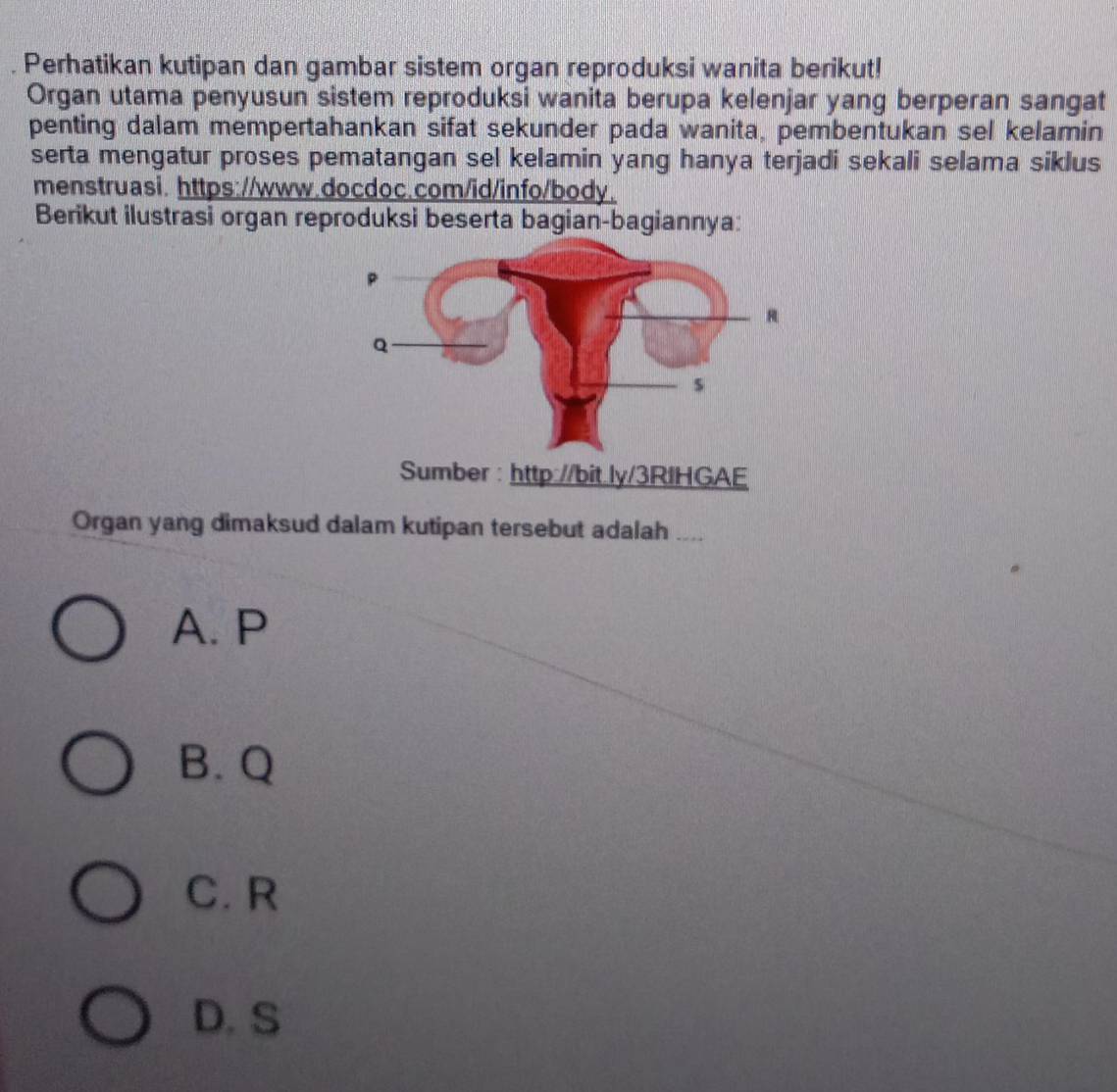 Perhatikan kutipan dan gambar sistem organ reproduksi wanita berikut!
Organ utama penyusun sistem reproduksi wanita berupa kelenjar yang berperan sangat
penting dalam mempertahankan sifat sekunder pada wanita, pembentukan sel kelamin
serta mengatur proses pematangan sel kelamin yang hanya terjadi sekali selama siklus
menstruasi. https://www.docdoc.com/id/info/body.
Berikut ilustrasi organ reproduksi beserta bagian-bagiannya:
Organ yang dimaksud dalam kutipan tersebut adalah ....
A. P
B. Q
C. R
D. S