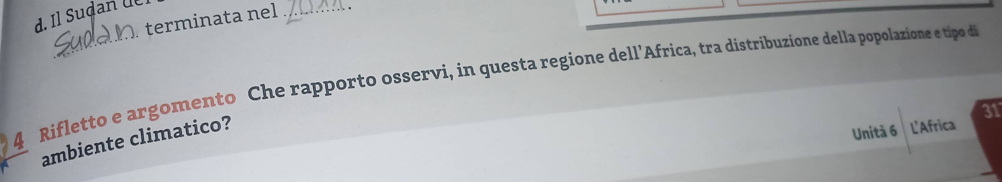 terminata nel ._ 
4 Rifletto e argomento Che rapporto osservi, in questa regione dell’Africa, tra distribuzione della popolazione e tipo di 
31 
ambiente climatico? 
Unità 6 L'Africa