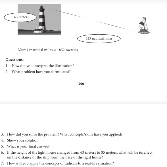 Note: (1nautical miles =1852 meters) 
Questions: 
1. How did you interpret the illustration? 
2. What problem have you formulated? 
290 
3. How did you solve the problem? What concepts/skills have you applied? 
4. Show your solution. 
5. What is your final answer? 
6. If the height of the light house changed from 63 meters to 85 meters, what will be its effect 
on the distance of the ship from the base of the light house? 
7. How will you apply the concepts of radicals to a real-life situation?