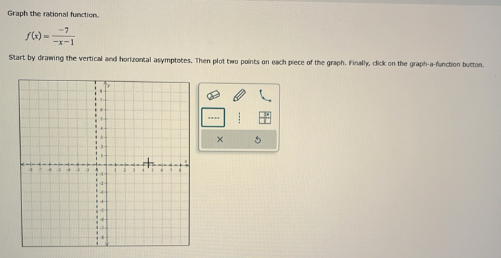 Graph the rational function.
f(x)= (-7)/-x-1 
Start by drawing the vertical and horizontal asymptotes. Then plot two points on each piece of the graph. Finally, click on the graph-a-function button. 
--- 
× 5