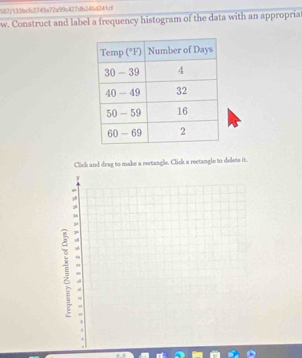 587/133bcfc2749a72a99c427db248d241cf 
w. Construct and label a frequency histogram of the data with an appropriat 
Click and drag to make a rectangle. Click a rectangle to delete it.