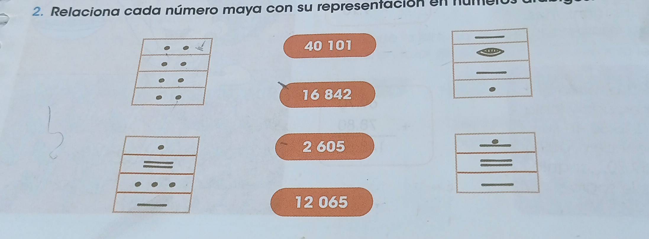 Relaciona cada número maya con su representación en núme
40 101
16 842
2 605
12 065