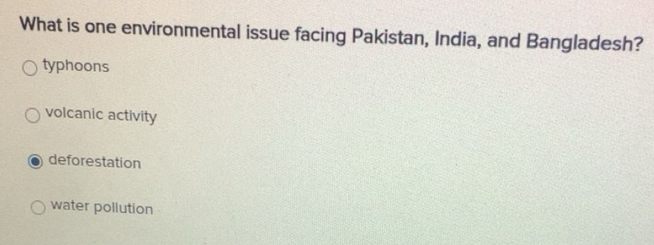 Solved: What is one environmental issue facing Pakistan, India, and ...