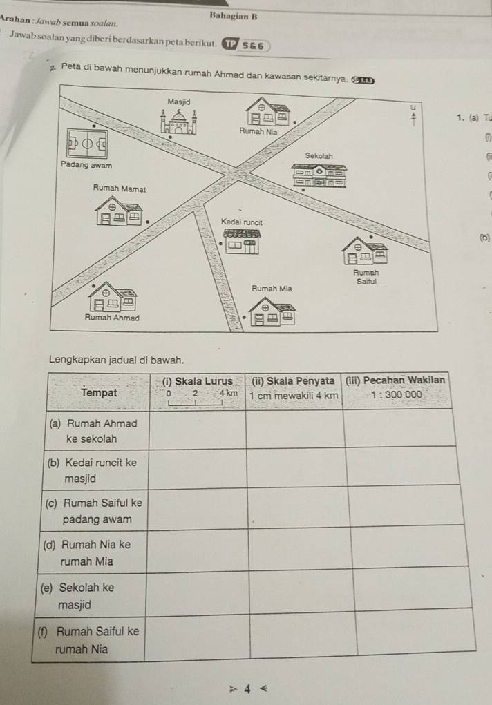 Bahagian B
Arahan : Jawab semua soalan.
Jawab soalan yang diberi berdasarkan peta berikut.   5 & 6
. Peta di bawah menunjukkan rumah Ahmad dan kawasan sekitarnya. 6 
. (a) Tu
4