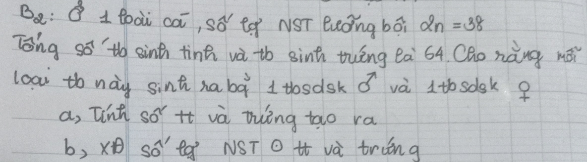 2 :Q 1bài cai, sǒ eó NST Buǒng bói 2n=38
Tong so to sinh tinā và to sint tuèng ea 64. Cho nàng mài
loai th này sint nabà 1 tosdsk ǎ và 1to solok ?
a, linh so it và tuing tao ra
b, x so tq NST O tt và tring