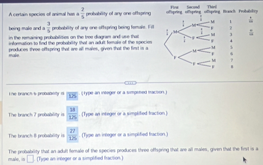 First Second 
A certain species of animal has a  2/5  probability of any one offspring offspring offspring offspring Branch Probability Tháng
 1/8   6/128 
M 1
being male and a  3/5  probability of any one offspring being female. Fill  3/4  M F 2
in the remaining probabilities on the tree diagram and use that  3/8  , M  2/5  M 3  8/123 
information to find the probability that an adult female of the species  3/5  F F 4
produces three offspring that are all males, given that the first is a M 5
- M 
male. F 6
F 
M 7
F 
F 8
T he branch 6 probability is 125. (Type an integer or a simplitied fraction.) 
The branch 7 probability is  18/125 . (Type an integer or a simplified fraction.) 
The branch 8 probability is  27/125 . (Type an integer or a simplified fraction.) 
The probability that an adult female of the species produces three offspring that are all males, given that the first is a 
male, is □. (Type an integer or a simplified fraction.)