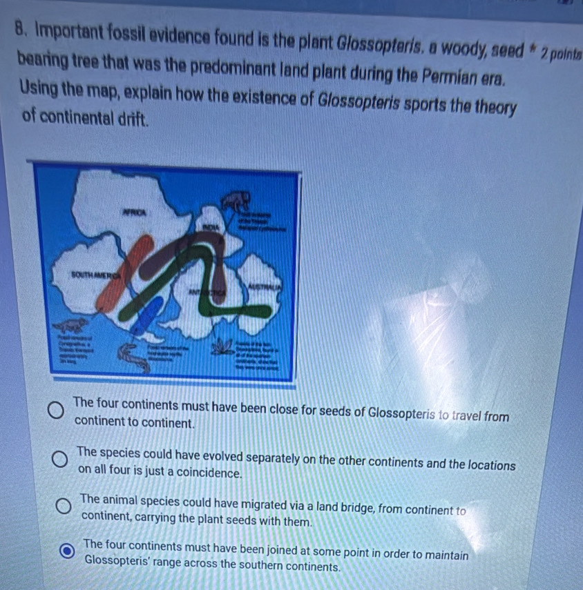 Important fossil evidence found is the plant Glossopteris. a woody, seed * 2 pointa
bearing tree that was the predominant land plant during the Permian era.
Using the map, explain how the existence of Glossopteris sports the theory
of continental drift.
The four continents must have been close for seeds of Glossopteris to travel from
continent to continent.
The species could have evolved separately on the other continents and the locations
on all four is just a coincidence.
The animal species could have migrated via a land bridge, from continent to
continent, carrying the plant seeds with them.
The four continents must have been joined at some point in order to maintain
Glossopteris' range across the southern continents.