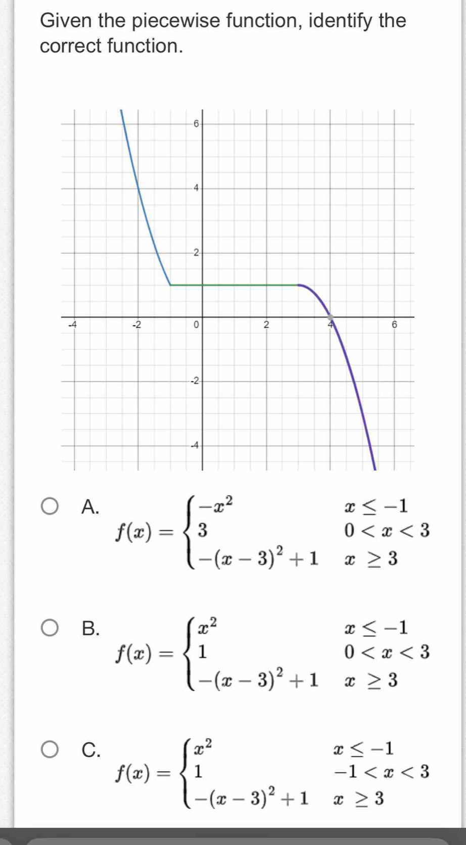 Given the piecewise function, identify the
correct function.
A. f(x)=beginarrayl -x^2x≤ -1 30
B. f(x)=beginarrayl x^2x≤ -1 10
C. f(x)=beginarrayl x^2x≤ -1 1-1