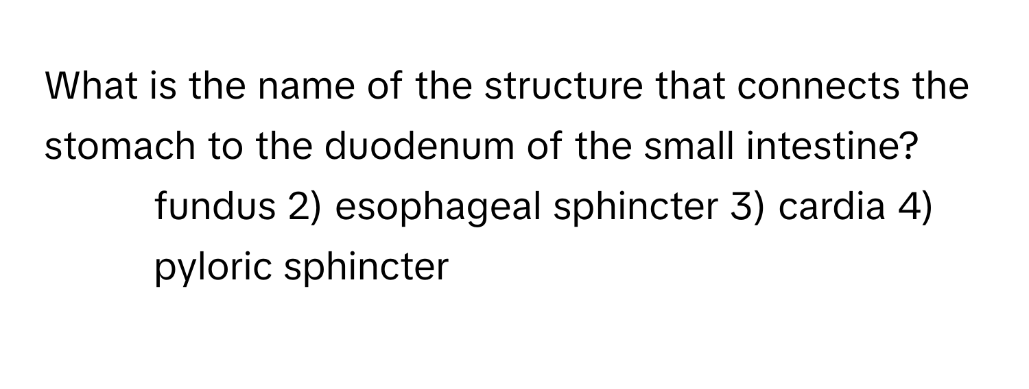 What is the name of the structure that connects the stomach to the duodenum of the small intestine?

1) fundus 2) esophageal sphincter 3) cardia 4) pyloric sphincter