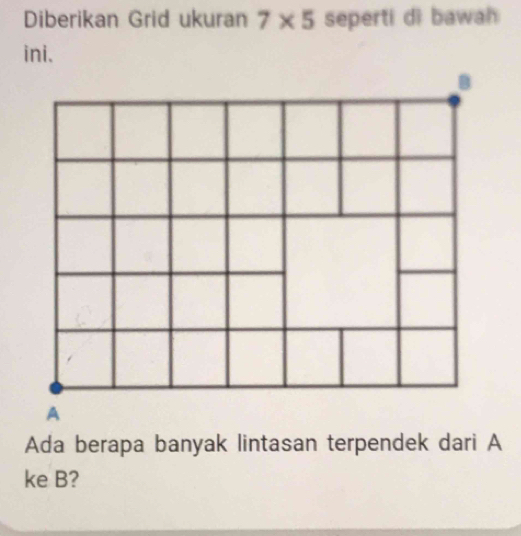 Diberikan Grid ukuran 7* 5 seperti di bawah 
ini. 
Ada berapa banyak lintasan terpendek dari A
ke B?