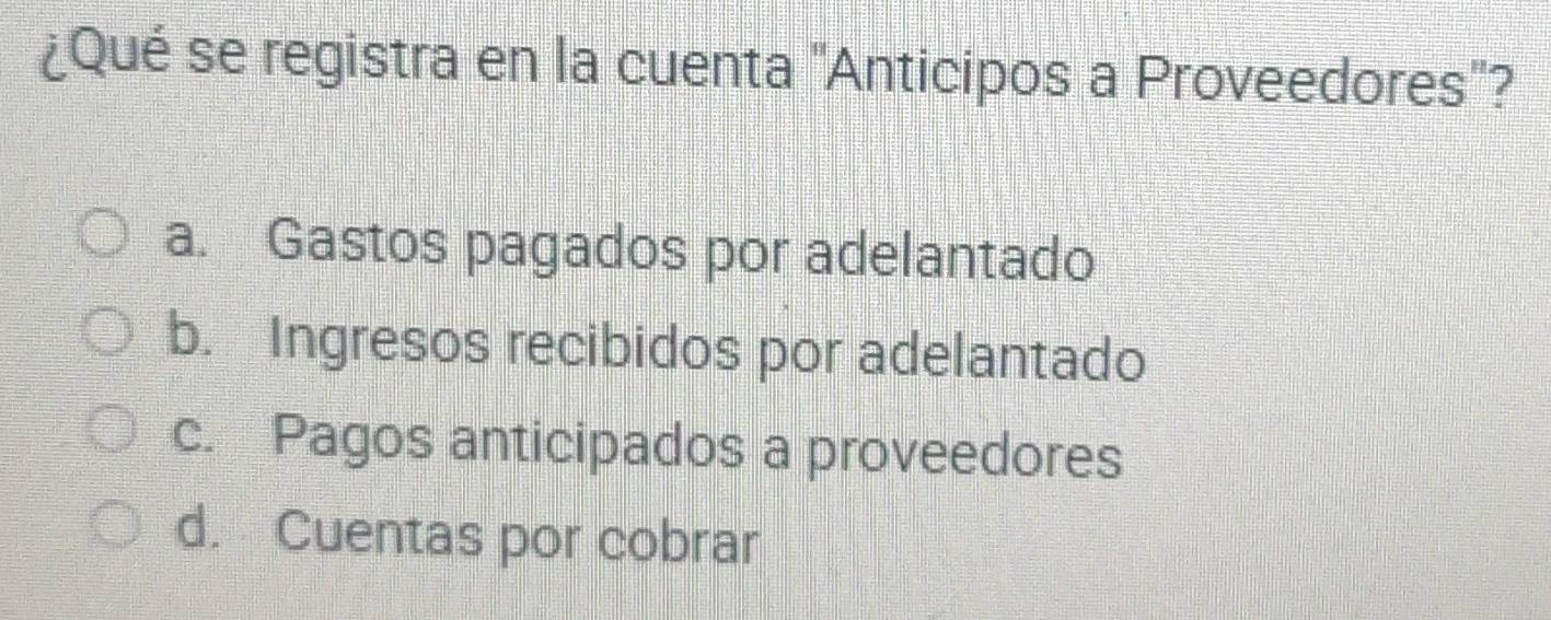 ¿Qué se registra en la cuenta 'Anticipos a Proveedores"?
a. Gastos pagados por adelantado
b. Ingresos recibidos por adelantado
c. Pagos anticipados a proveedores
d. Cuentas por cobrar