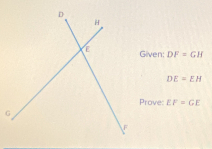 Given: DF=GH
DE=EH
Prove: EF=GE