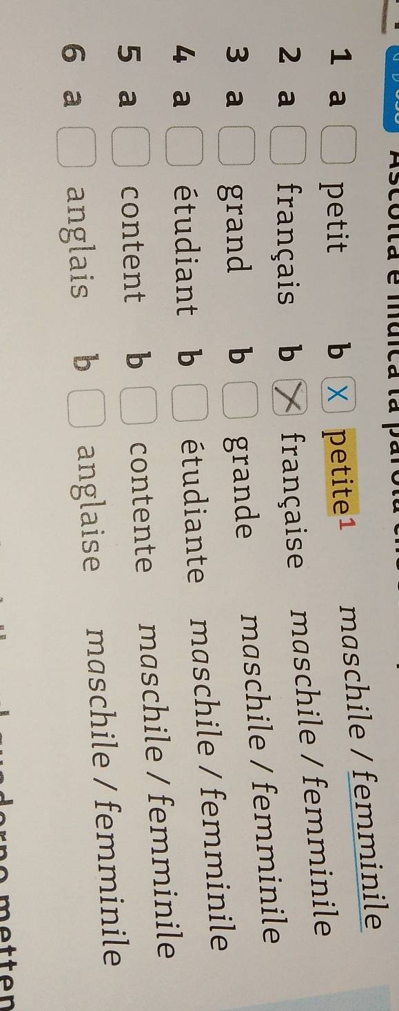 cotta e muica la 
1 a petit b X petite1 maschile / femminile 
2 a français b française maschile / femminile 
3 a grand b grande maschile / femminile 
4 a étudiant b étudiante maschile / femminile 
5 a content b contente maschile / femminile 
6 a anglais b anglaise maschile / femminile 
metten