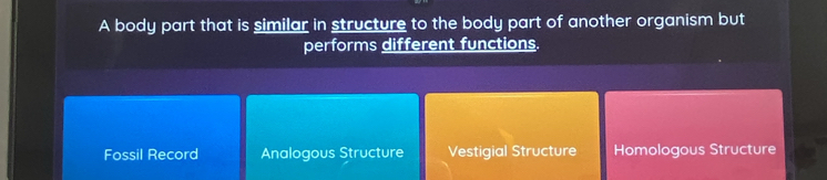 A body part that is similar in structure to the body part of another organism but
performs different functions.
Fossil Record Analogous Structure Vestigial Structure Homologous Structure