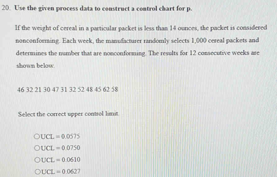 Solved: Use the given process data to construct a control chart for p ...