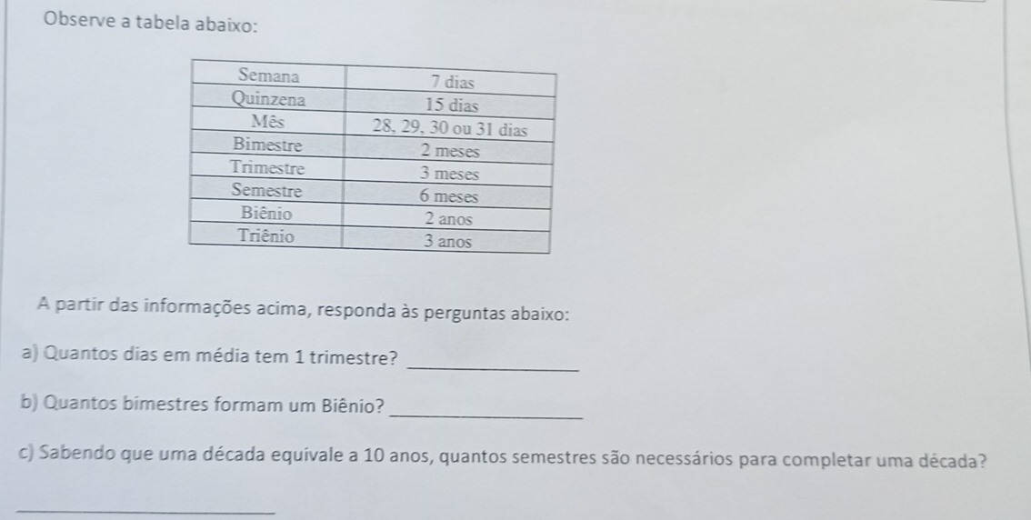 Observe a tabela abaixo: 
A partir das informações acima, responda às perguntas abaixo: 
a) Quantos dias em média tem 1 trimestre? 
_ 
b) Quantos bimestres formam um Biênio? 
_ 
c) Sabendo que uma década equivale a 10 anos, quantos semestres são necessários para completar uma década? 
_