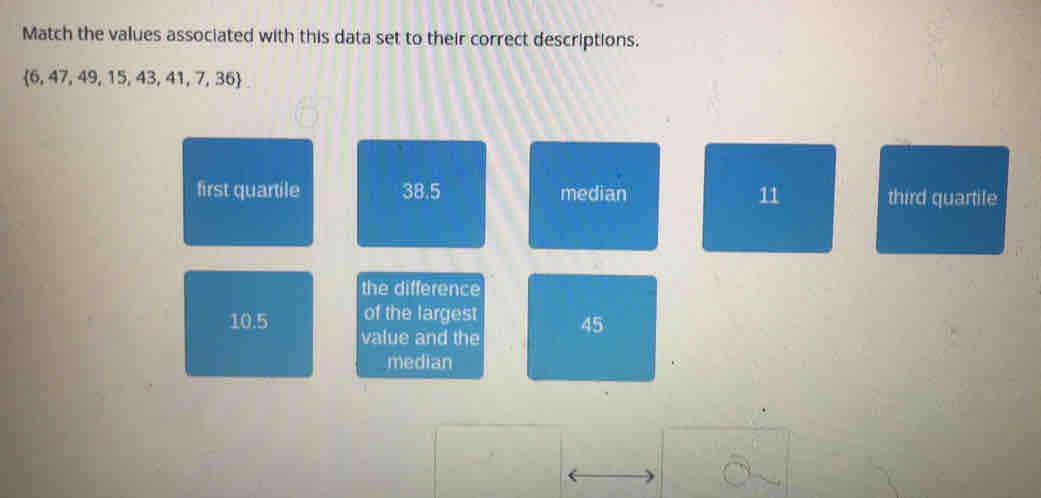 Match the values associated with this data set to their correct descriptions.
 6,47,49,15,43,41,7,36
first quartile 38.5 median 11 third quartile
the difference
of the largest 45
10.5 value and the
median