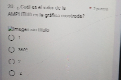 ¿ Cuál es el valor de la 2 puntiss
AMPLITUD en la gráfica mostrada?
Elmagen sín título
1
360°
2
-2