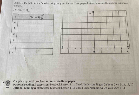 Complete the table for the function using the given domain. Then graph the function using the ordered pairs from
the table.
10. f(x)=4( 1/2 )^x
Complete optional problems on separate lined paper.
Optional reading & exercises: Textbook Lesson 11.1, Check Understanding & On Your Own 6-11, 19, 20
Optional reading & exercises: Textbook Lesson 11.2, Check Understanding & On Your Own 6-11