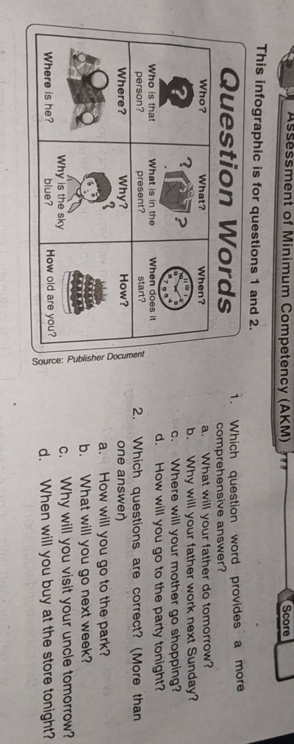 Asséssment of Minimum Competency (AKM) Score
This infographic is for questions 1 and 2.
1. Which question word provides a more
comprehensive answer?
a. What will your father do tomorrow?
b. Why will your father work next Sunday?
c. Where will your mother go shopping?
d. How will you go to the party tonight?
2. Which questions are correct? (More than
one answer)
a. How will you go to the park?
b. What will you go next week?
c. Why will you visit your uncle tomorrow?
d. When will you buy at the store tonight?