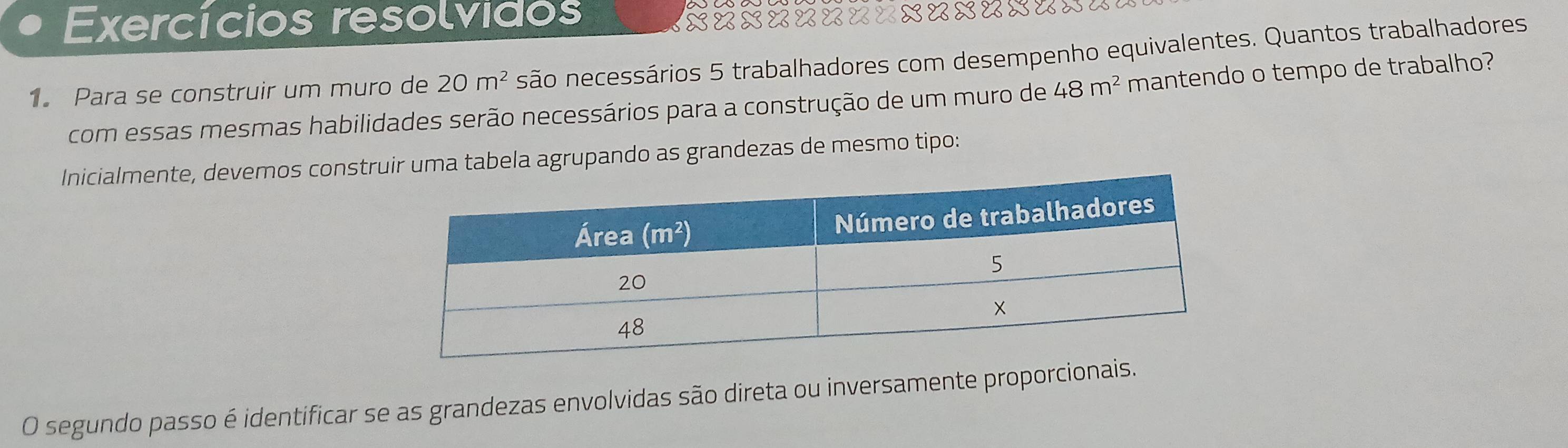 Exercícios resolvidos
x=x===x=xuxuxa
1. Para se construir um muro de 20m^2 são necessários 5 trabalhadores com desempenho equivalentes. Quantos trabalhadores
com essas mesmas habilidades serão necessários para a construção de um muro de 48m^2 mantendo o tempo de trabalho?
Inicialmente, devemos construir uma tabela agrupando as grandezas de mesmo tipo:
O segundo passo é identificar se as grandezas envolvidas são direta ou inversamente proporcionais.