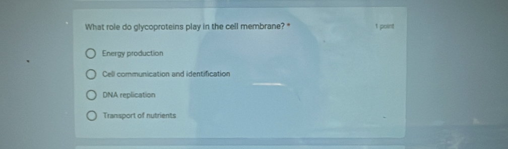 What role do glycoproteins play in the cell membrane?* 1 point
Energy production
Cell communication and identification
DNA replication
Transport of nutrients